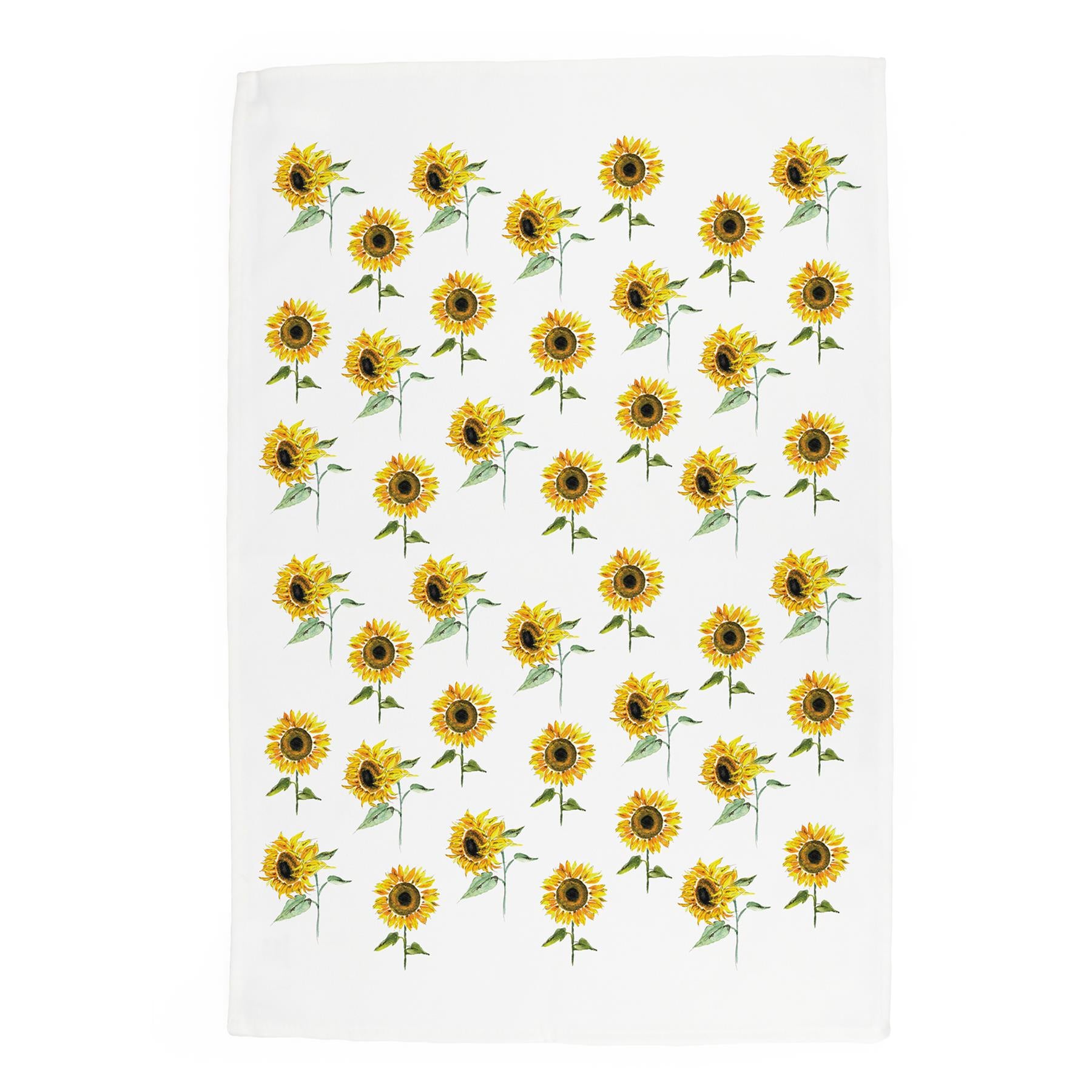 Simple pattern of watercolour sunflowers printed onto white panama cotton kitchen towel