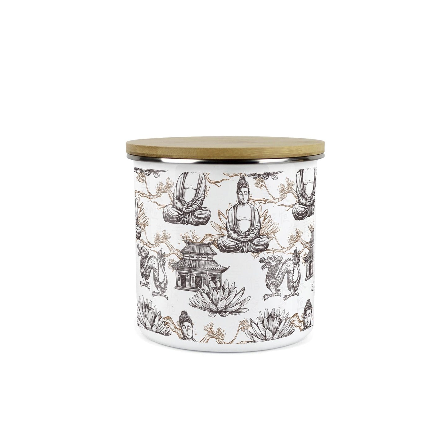 Brown Storage Canister - Oriental Scene Enamel Kitchen Storage Jar