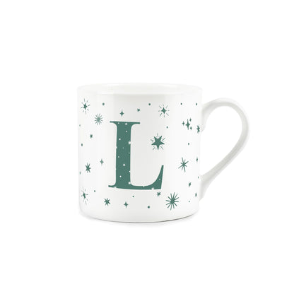 White bone china mug with green Stars and letter 'L' alphabet design 