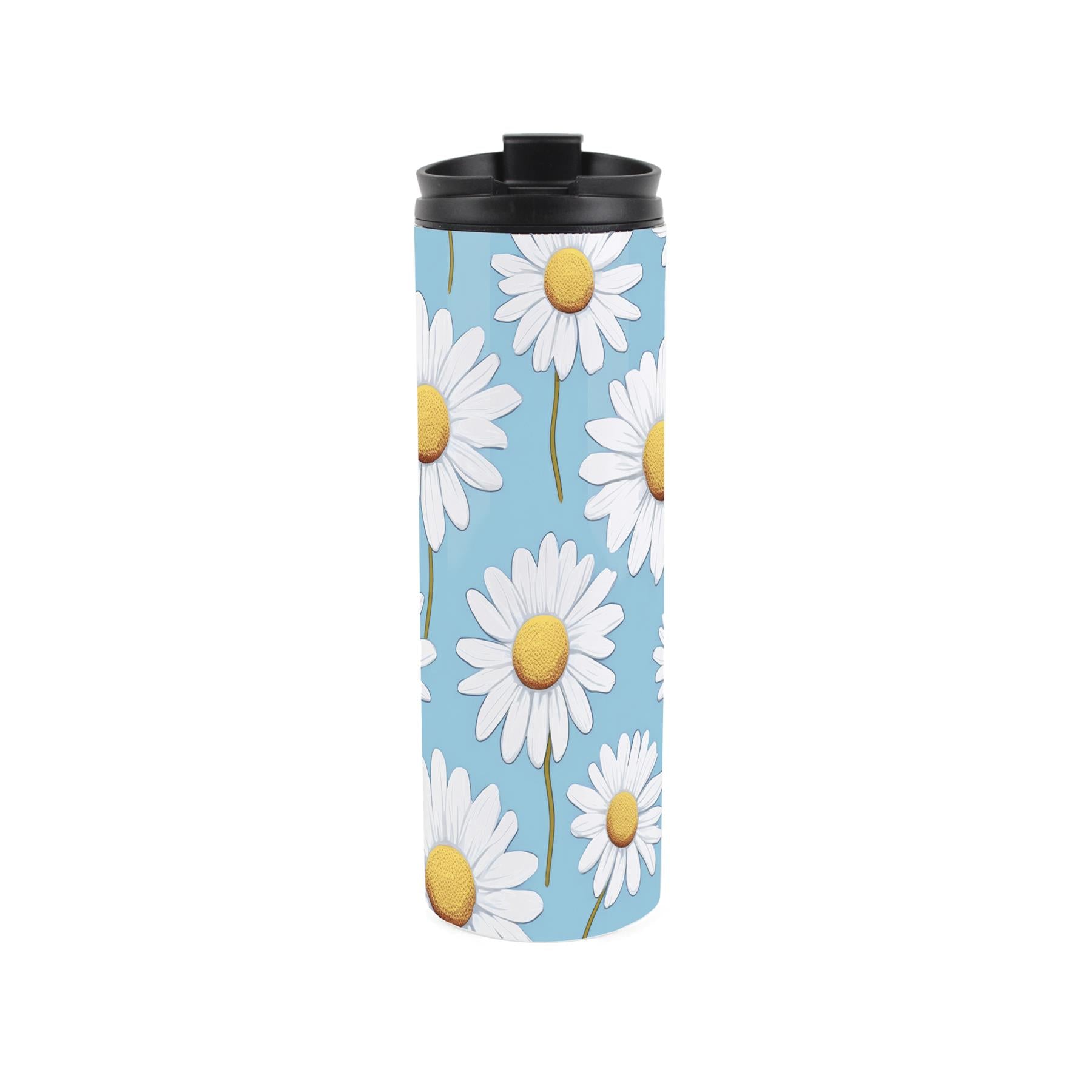 Travel mug featuring a blue daisies design 