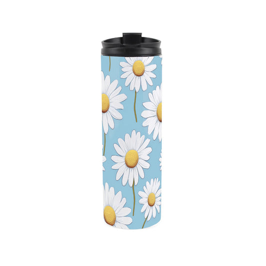Travel mug featuring a blue daisies design 