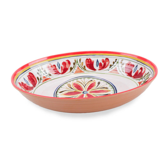 Rustic melamine oval serving bowl with bold Mediterranean patterns. Ideal for serving summer flavors and fruits.