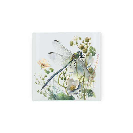 Mini glass worktop protector with watercolour dragonfly and flowers.