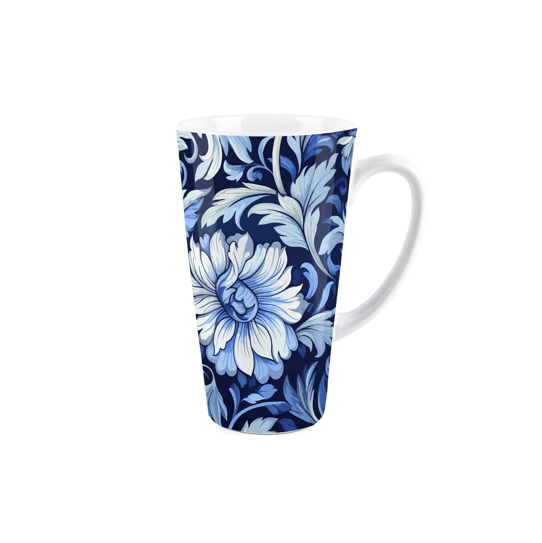 Large white latte mug featuring blue floral design 