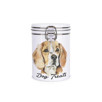 White tinplate canister with metal clip and lid featuring the face of a Beagle with the caption 'Dog Treats'