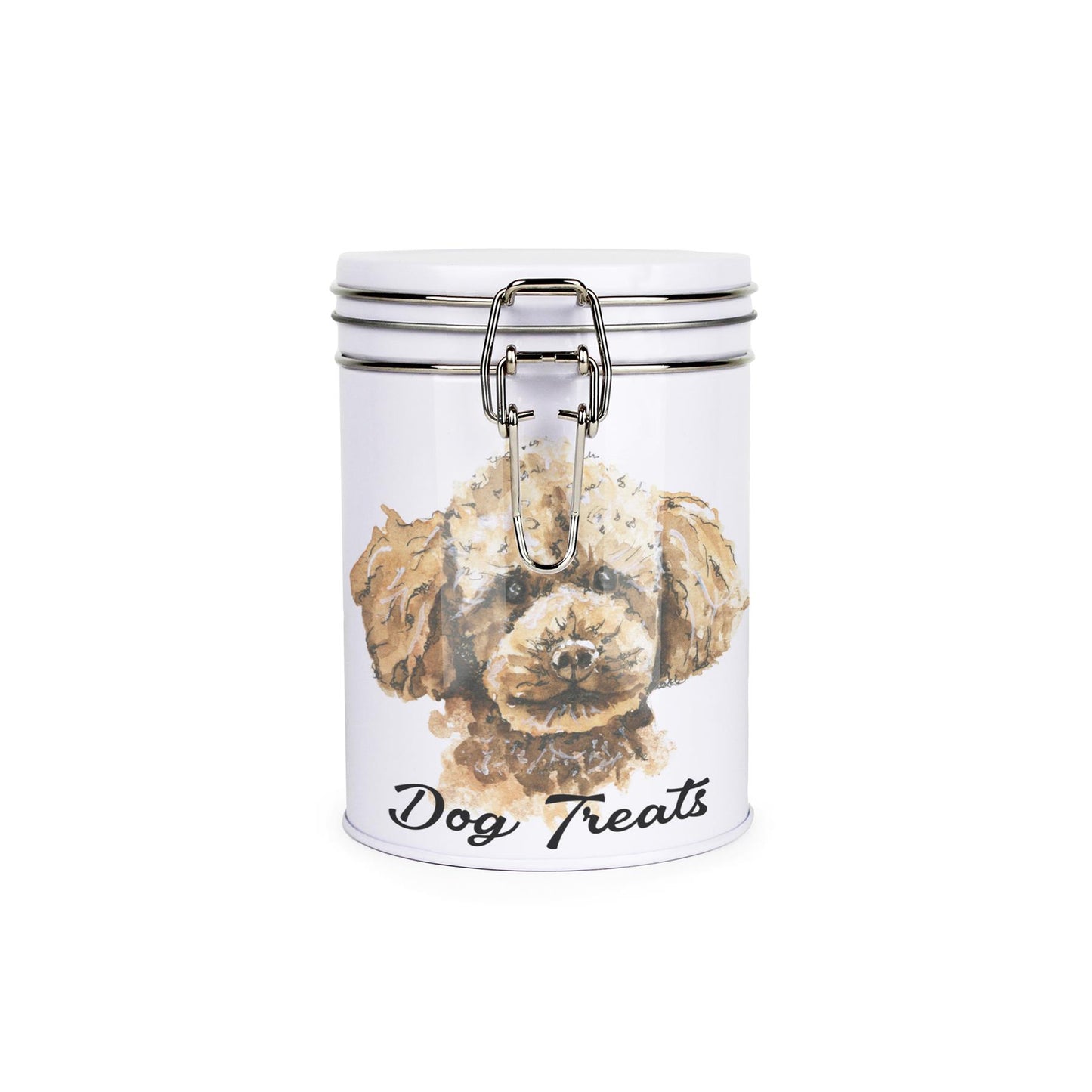 White tinplate canister with metal clip and lid featuring the face of a Miniature Poodle with the caption 'Dog Treats'