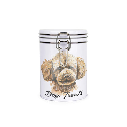 White tinplate canister with metal clip and lid featuring the face of a Miniature Poodle with the caption 'Dog Treats'