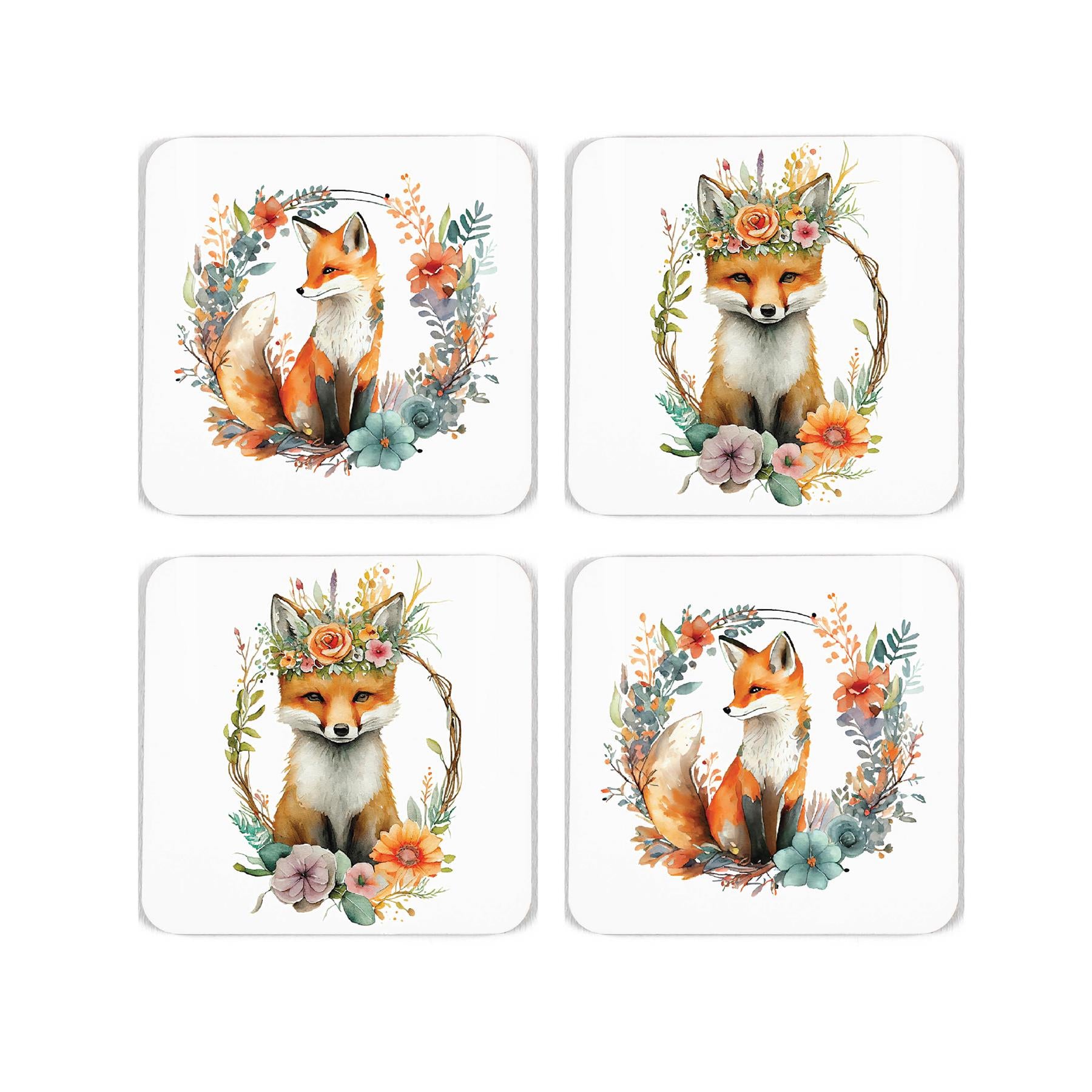 Four coasters featuring painted floral fox design 
