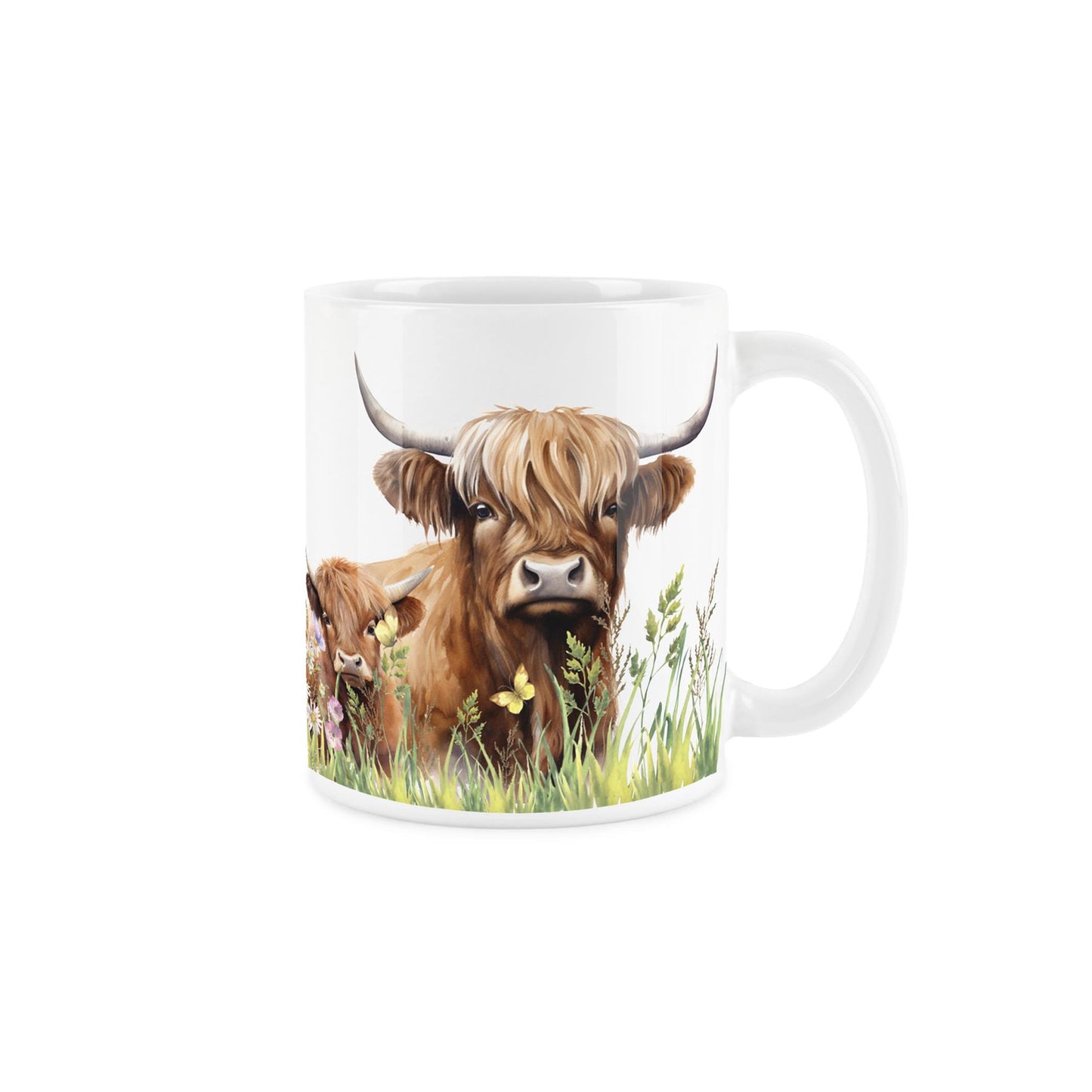 Animal lover's highland cow mug: white ceramic with adorable cow & calf playing in a meadow. Ideal gift.