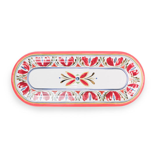Rustic melamine oval appetizer tray with bold Mediterranean designs. Perfect for serving cold displays and keeping garden furniture mess-free.