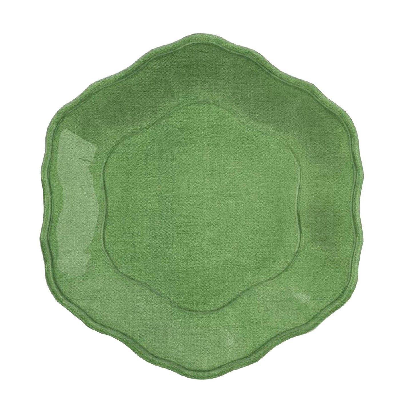 Green melamine dinner plate with floral indentation pattern