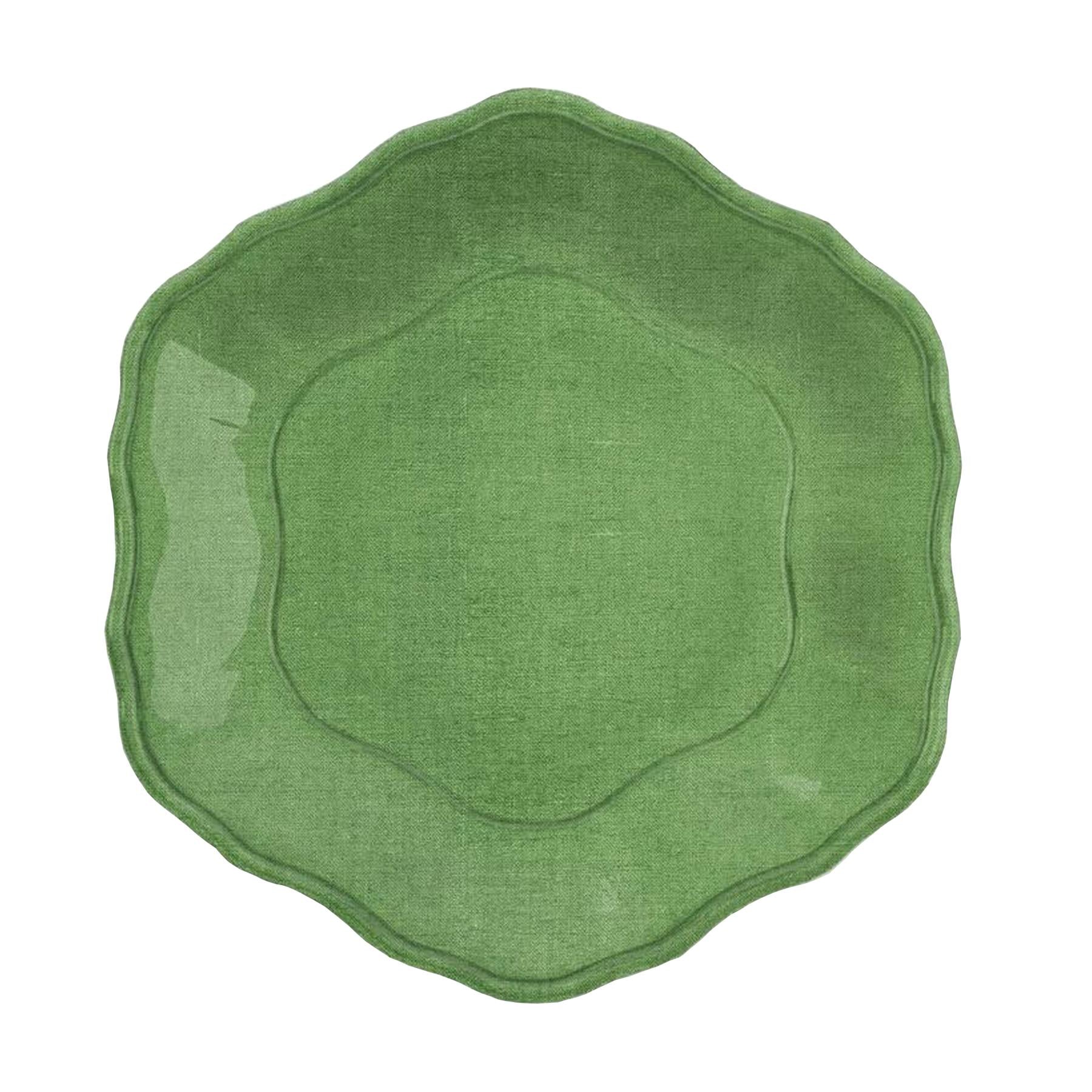Green melamine dinner plate with floral indentation pattern