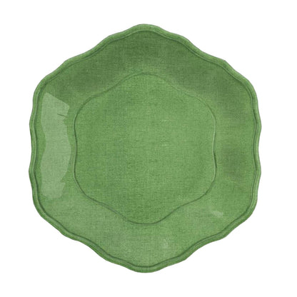 Green melamine dinner plate with floral indentation pattern