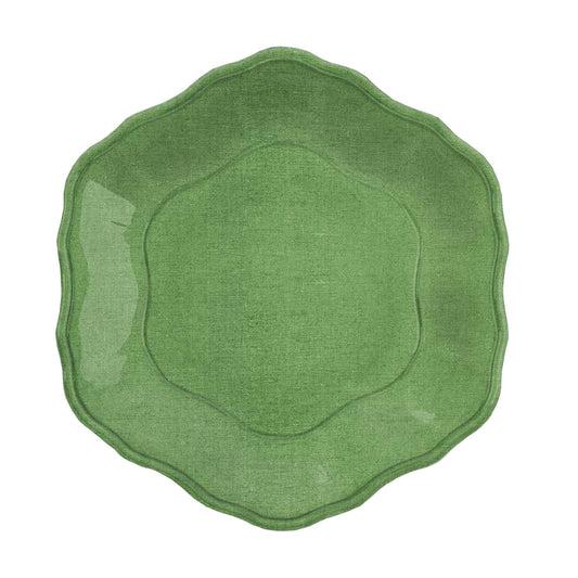 Green melamine dinner plate with floral indentation pattern