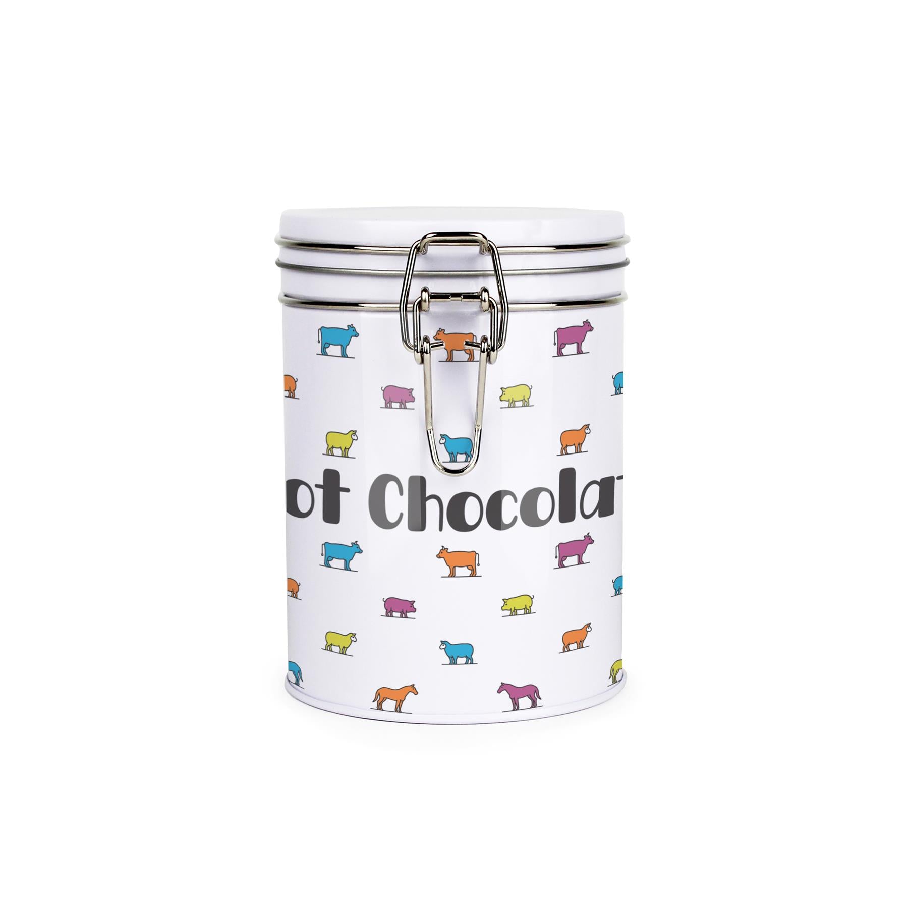 White tinplate canister with metal clip and lid featuring a colourful farm animal design and hot chocolate text