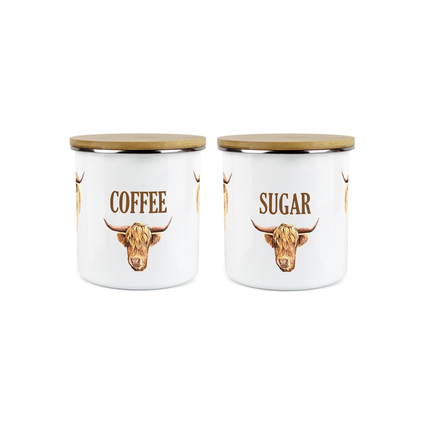 Coffee & Sugar Highland Cow Storage Canisters - 2x Enamel Kitchen Storage Jar