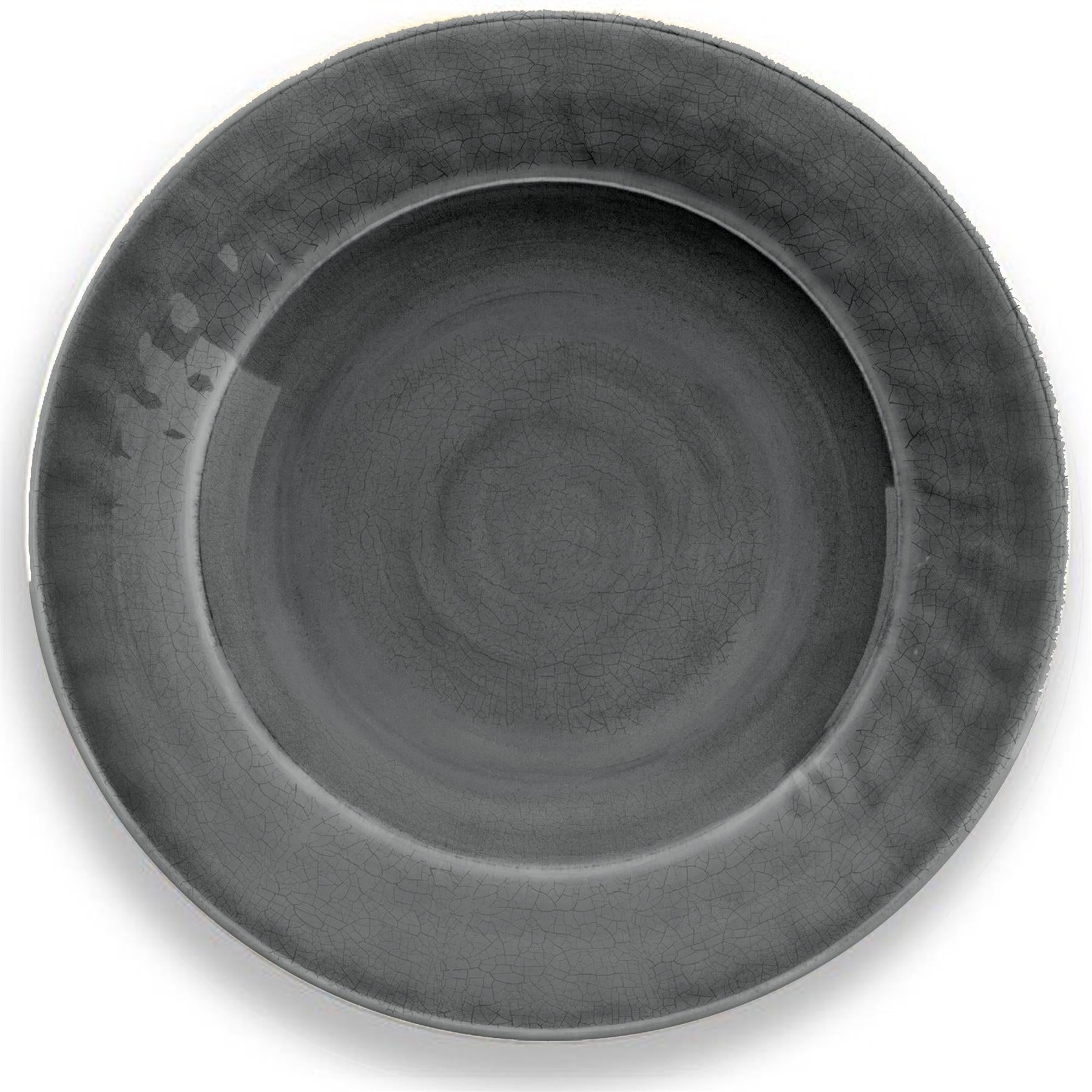 Grey melamine dinner plate with crackle glaze finish. 