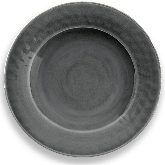 Grey melamine dinner plate with crackle glaze finish. 