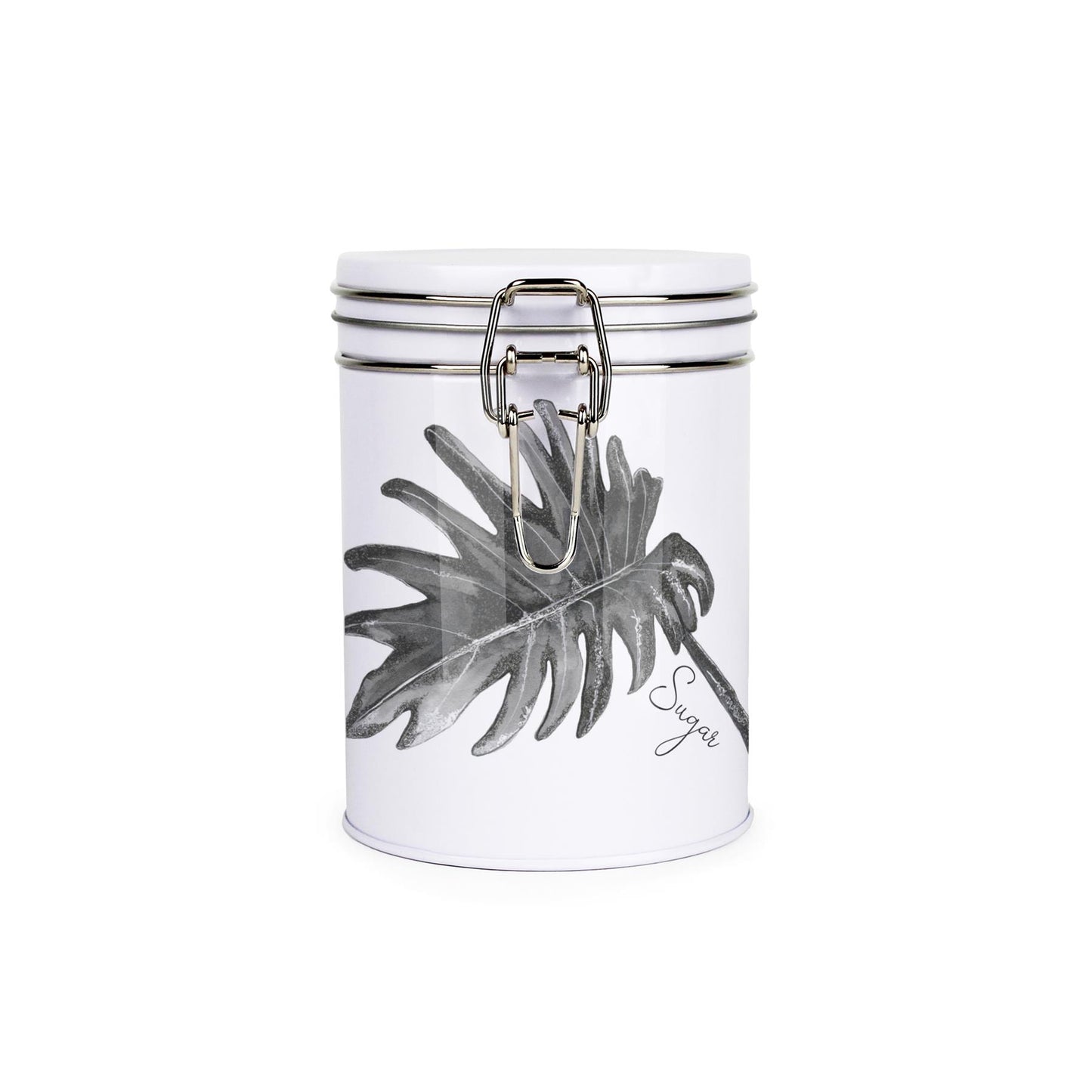Tin metal storage canister with metal clip and lid featuring a black and white leaf design by Rhiannon Chauncey and sugar text