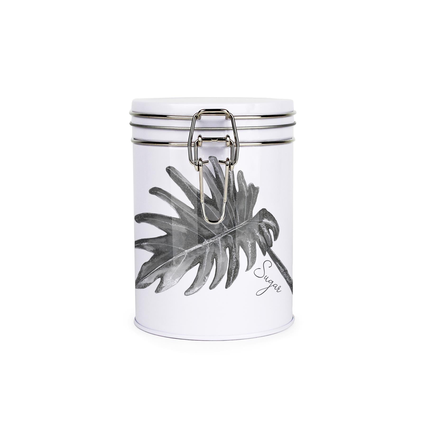 Tin metal storage canister with metal clip and lid featuring a black and white leaf design by Rhiannon Chauncey and sugar text