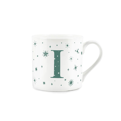 White bone china mug with green stars and letter 'I' alphabet design 