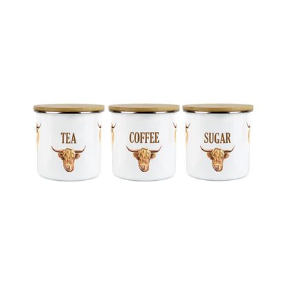 Tea, Coffee & Sugar Highland Cow Canisters - 3x Enamel Kitchen Storage Jar