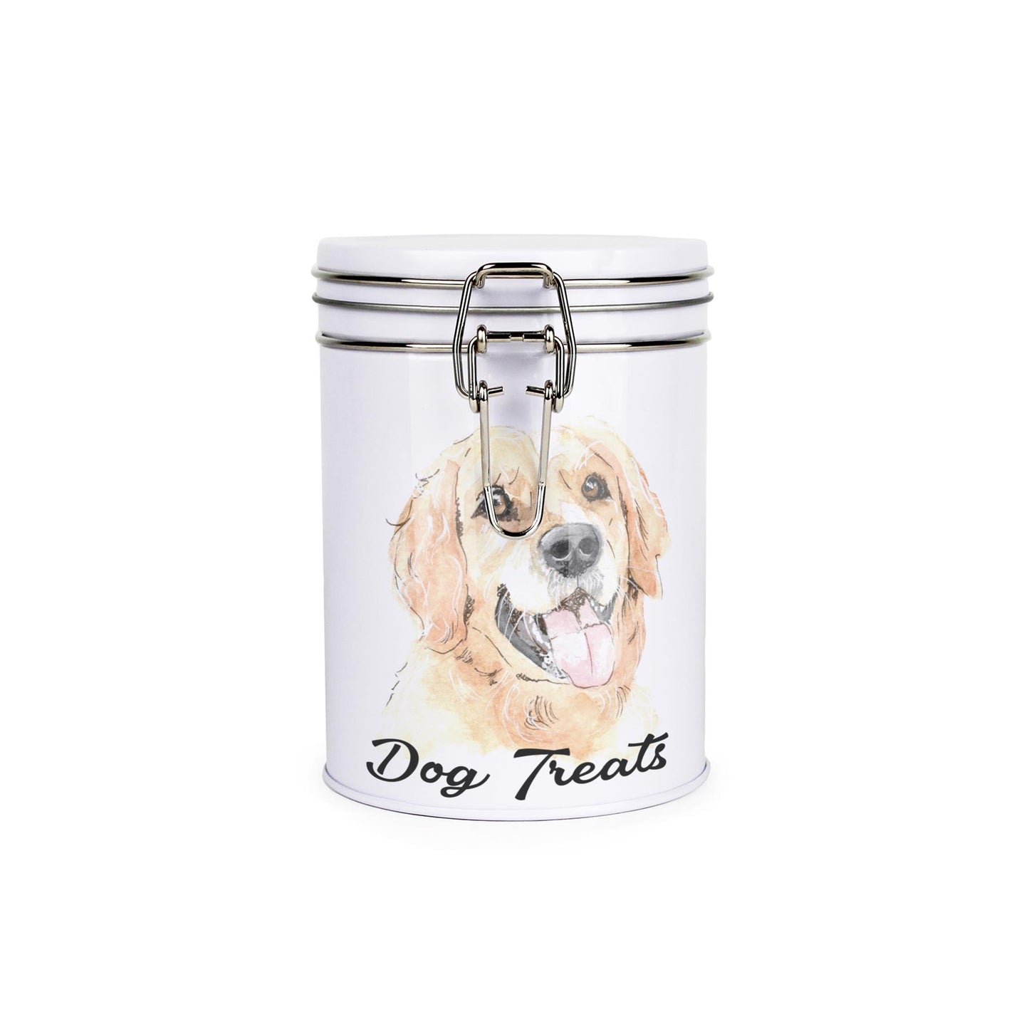 White tinplate canister with metal clip and lid featuring the face of a Golden Retriever with the caption 'Dog Treats'