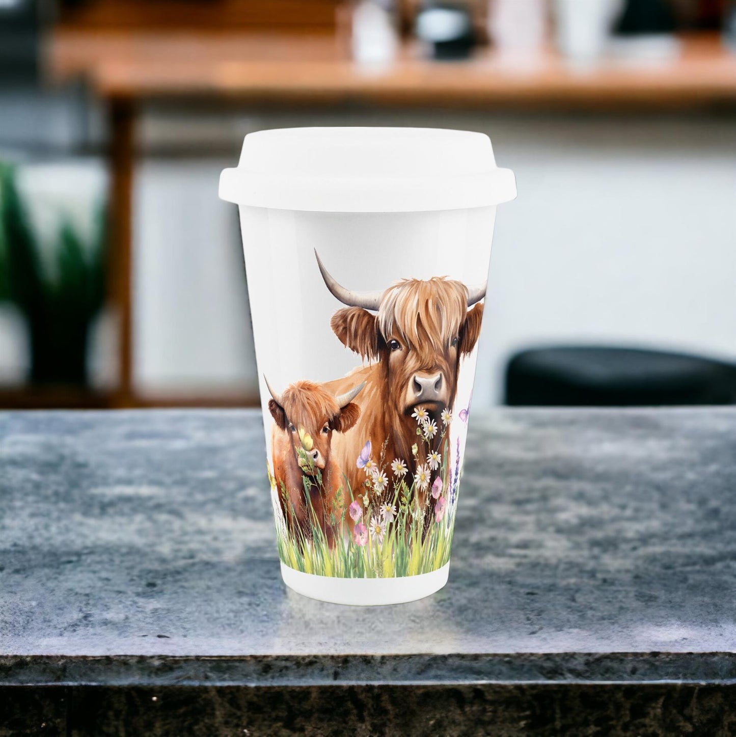 Mum & Calf Highland Cow Ceramic Travel Mug