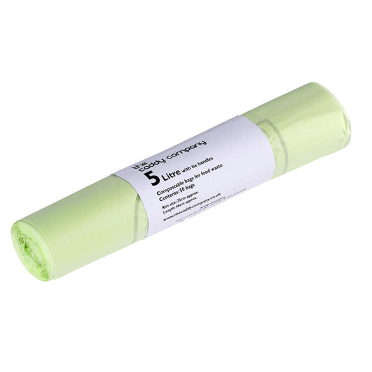 5L Caddy Liner Roll, fully compostable, ideal for small kitchen compost caddies.