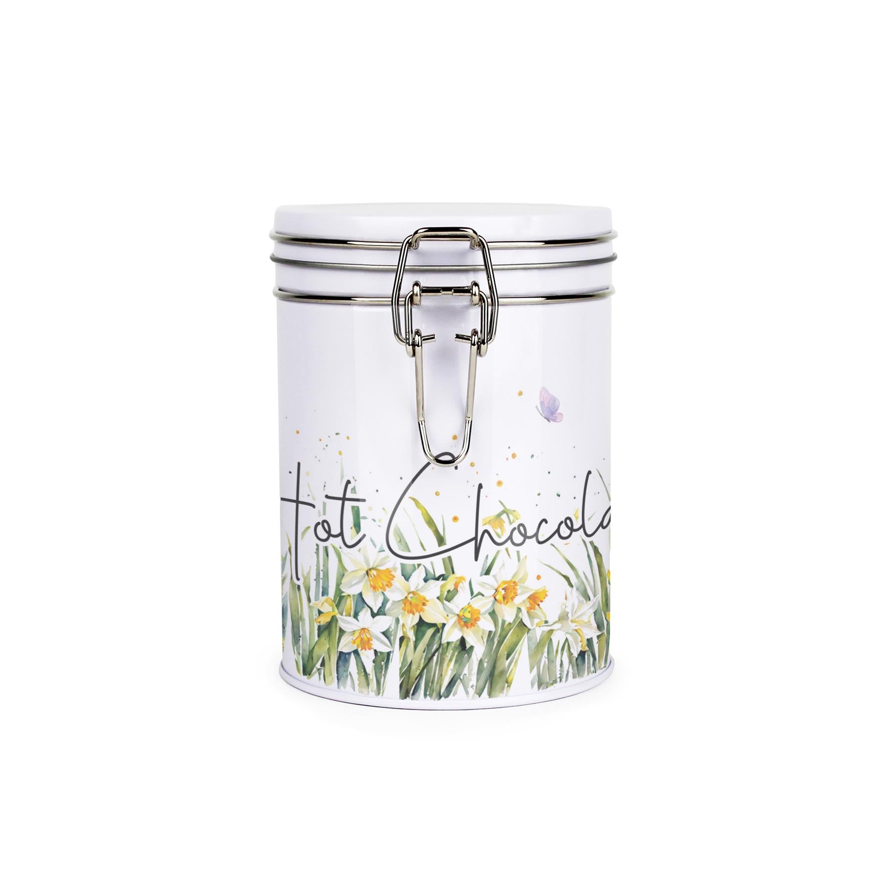 Metal canister with a metal clip and lid featuring a delicate daffodil print with butterflies and dragonflies and herbal tea text