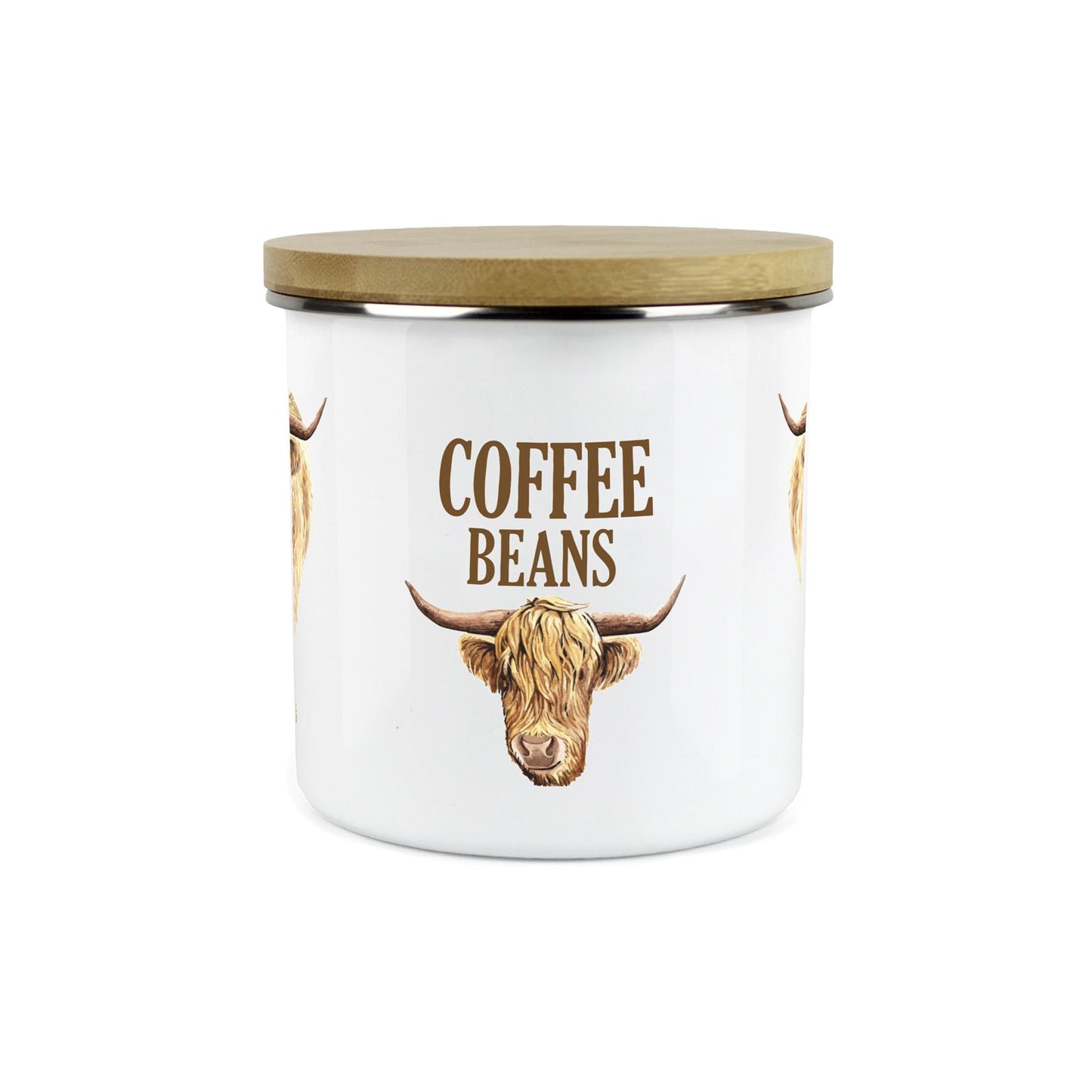 Coffee Beans Highland Cow Storage Canister - Enamel & Bamboo Kitchen Storage Jar