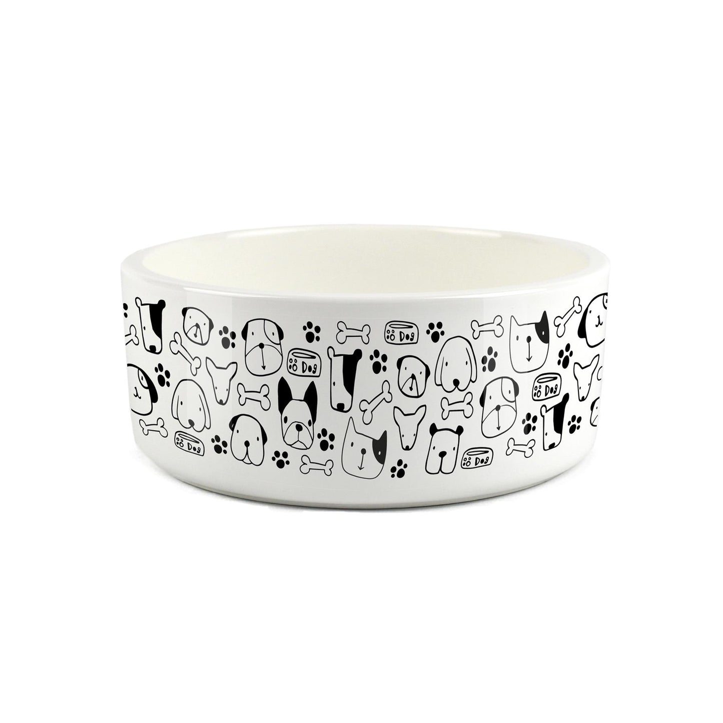White ceramic pet bowl featuring printed dog portraits 