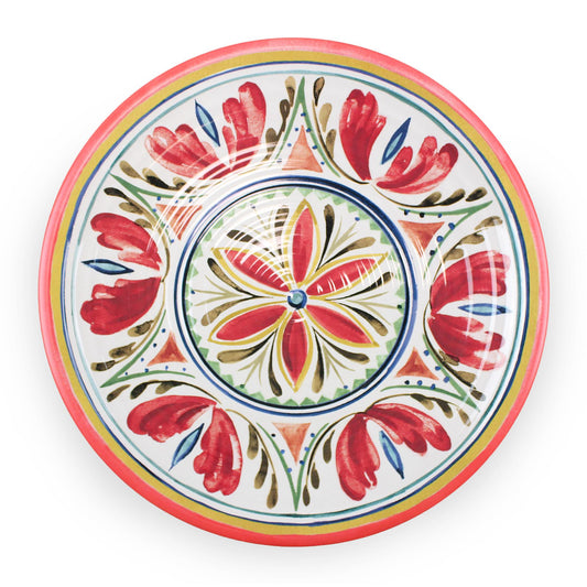 Rustic round melamine serving platter with bold Mediterranean design. Break-resistant, perfect for serving flatbreads, fruits, and garnishes.