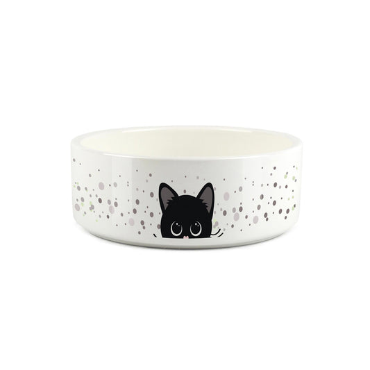 White ceramic pet bowl featuring cute peeping kitten design