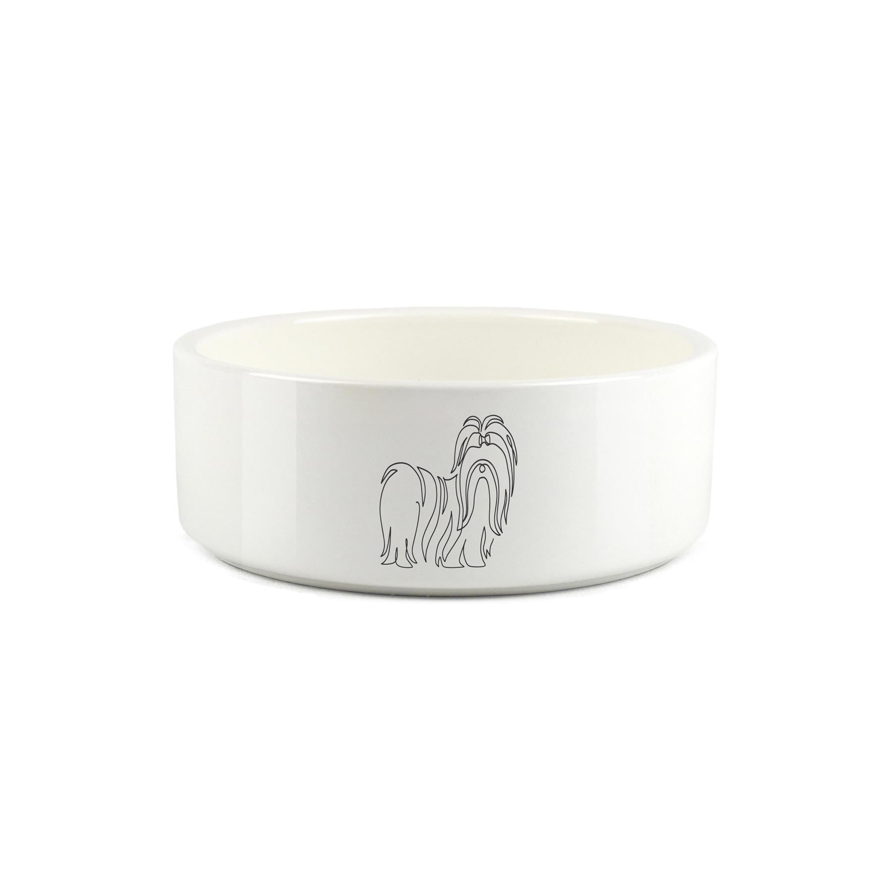 Minimalist line drawing of shih-tzu on white ceramic pet bowl