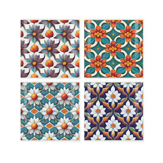 Set of four glass coasters featuring four vibrant flower-themed repeating patterns 