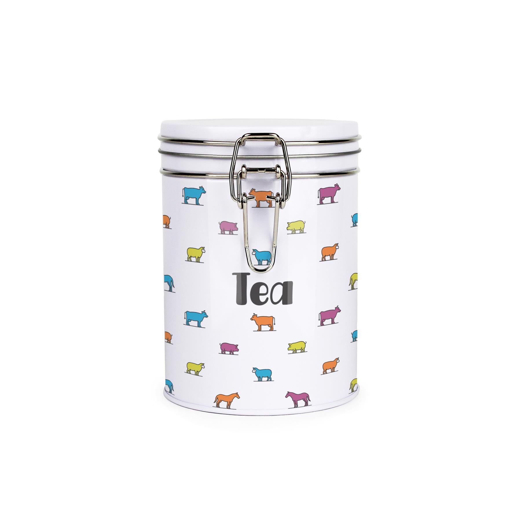White tinplate canister with metal clip and lid featuring a colourful farm animal design and tea text