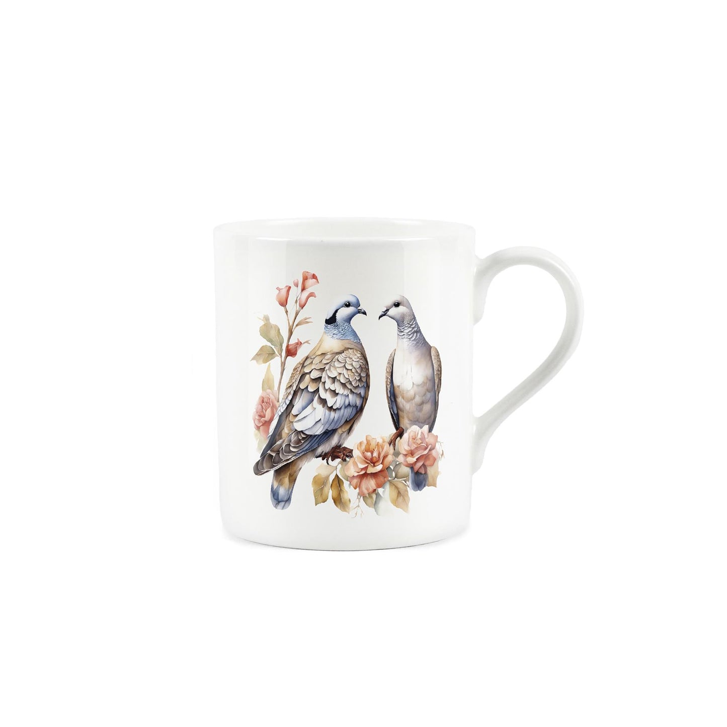 Painting of two turtle doves and flowers on a white mug 