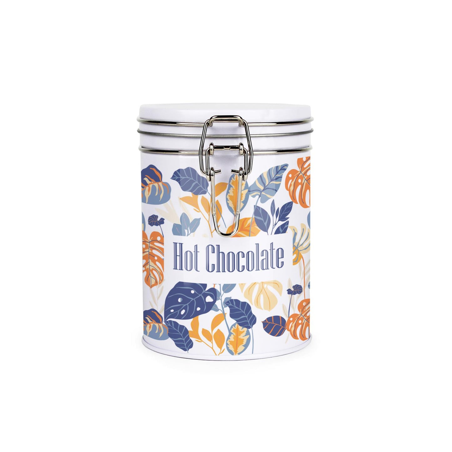 Metal canister with metal clip and lid featuring a bright, tropical leaves pattern in orange, cream, and blue shades and hot chocolate text
