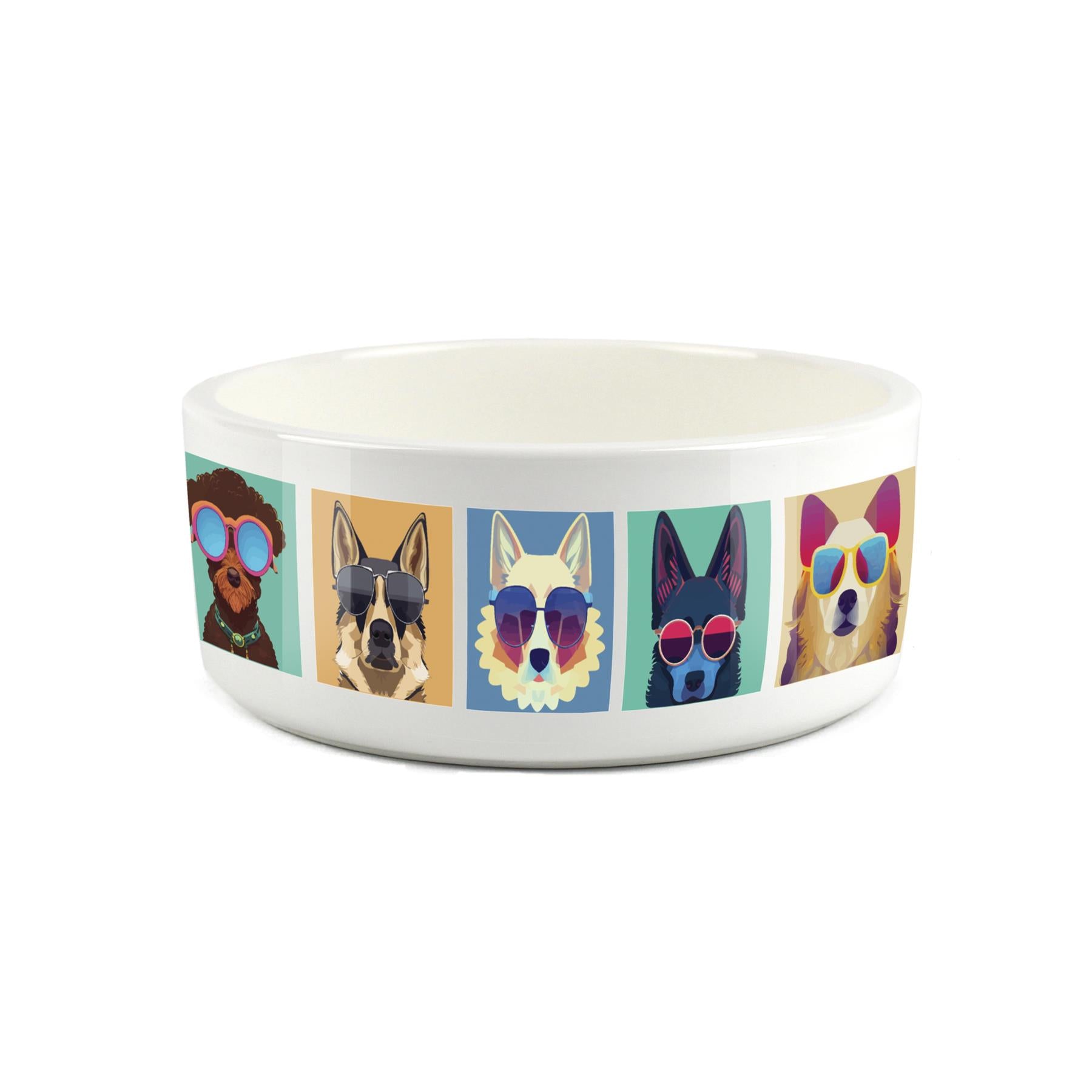 Small ceramic white pet bowl with pop art style Large dogs wearing sunglasses printed on surface. 