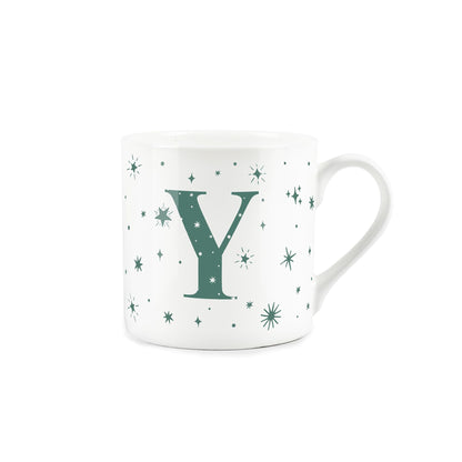 White bone china mug with green stars and letter 'Y' alphabet design 