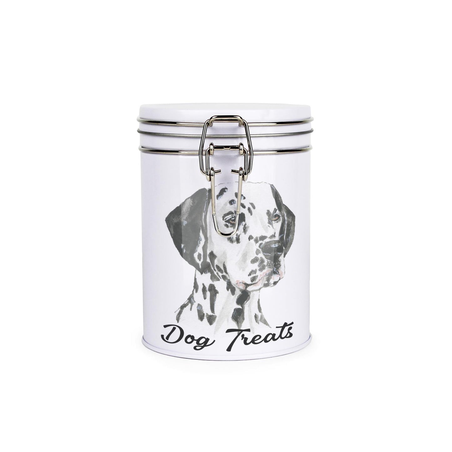 White tinplate canister with metal clip and lid featuring the face of a Dalmatian with the caption 'Dog Treats'