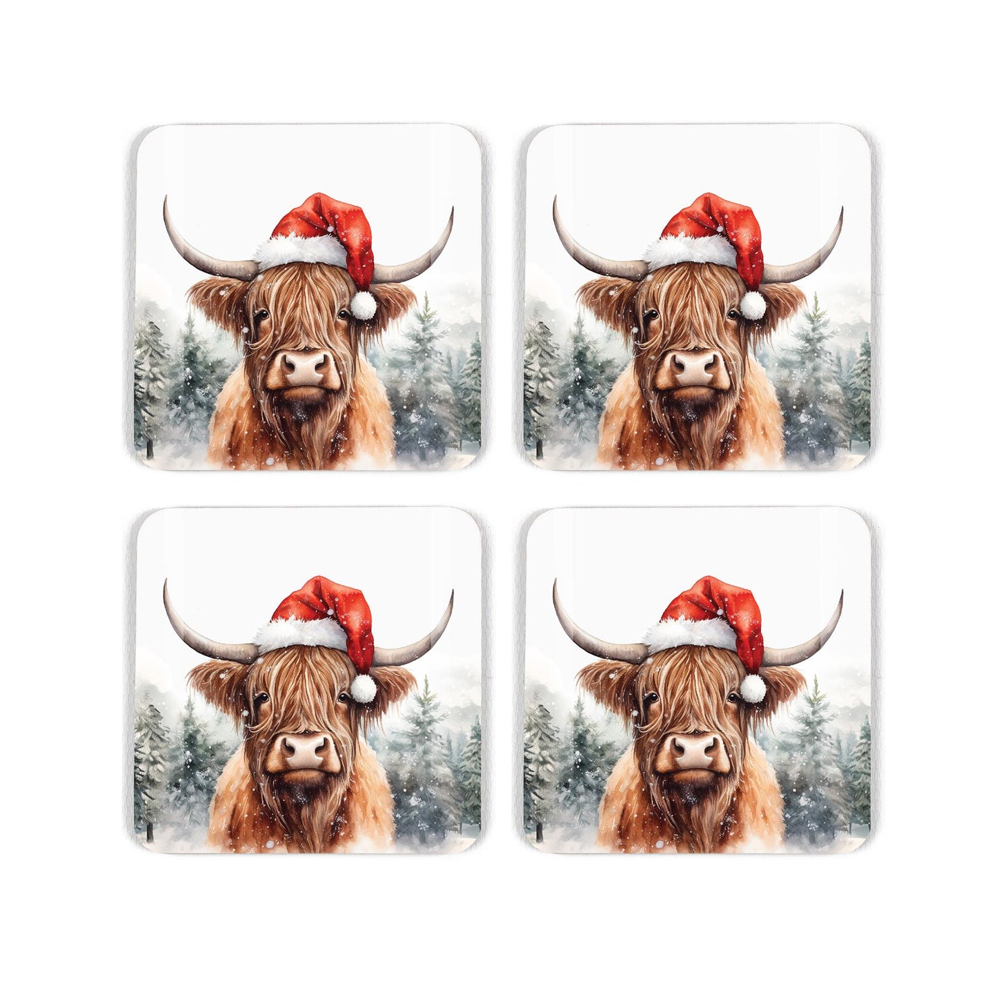 Set of four coasters featuring depiction of highland cow wearing christmas hat in snow