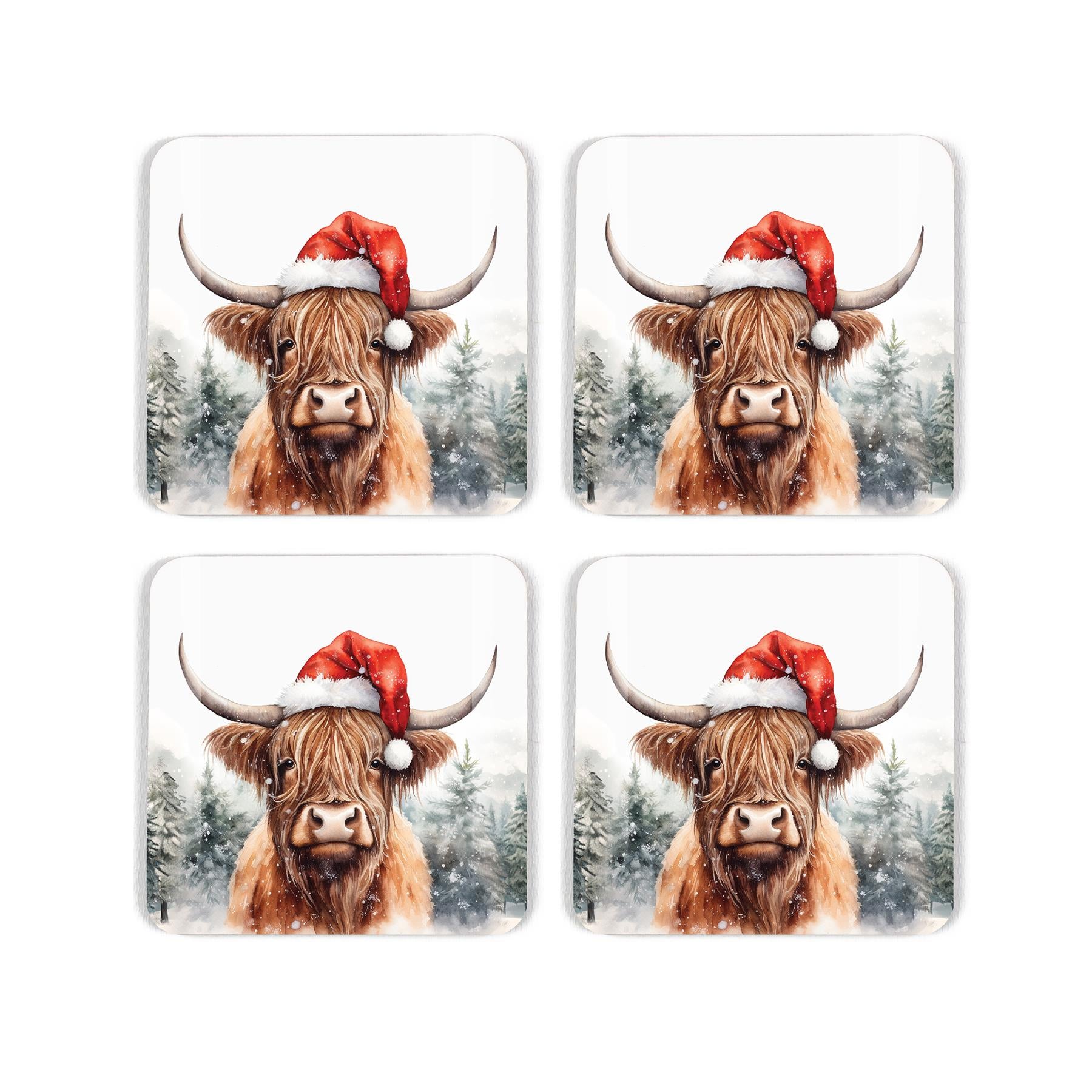 Set of four coasters featuring depiction of highland cow wearing christmas hat in snow