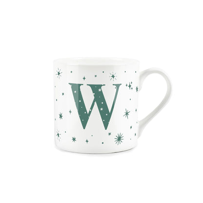 White bone china mug with green stars and letter 'W' alphabet design 