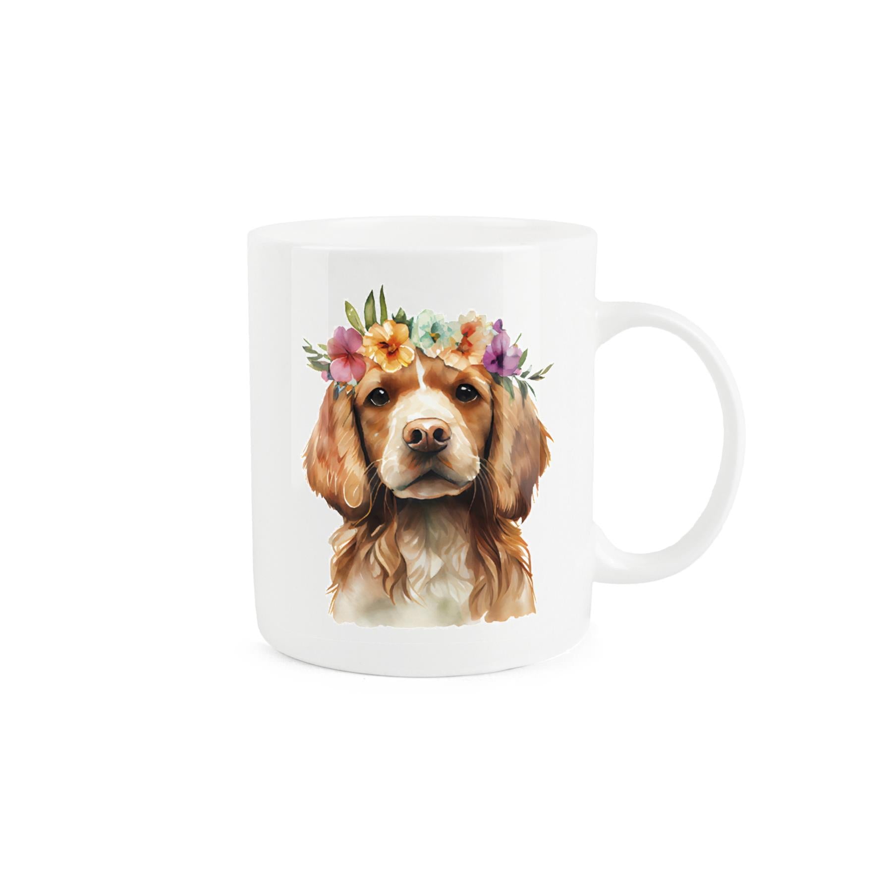 White bone china mug featuring adorable spaniel dog design with a crown of flowers. 