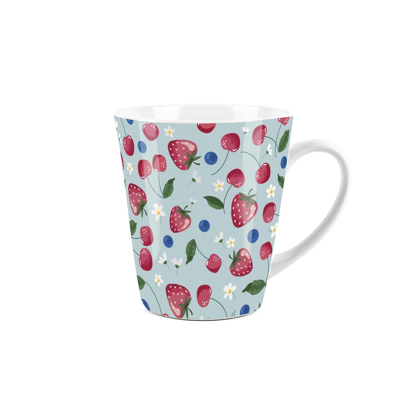 Small white latte mug with stawberries & blueberries design 