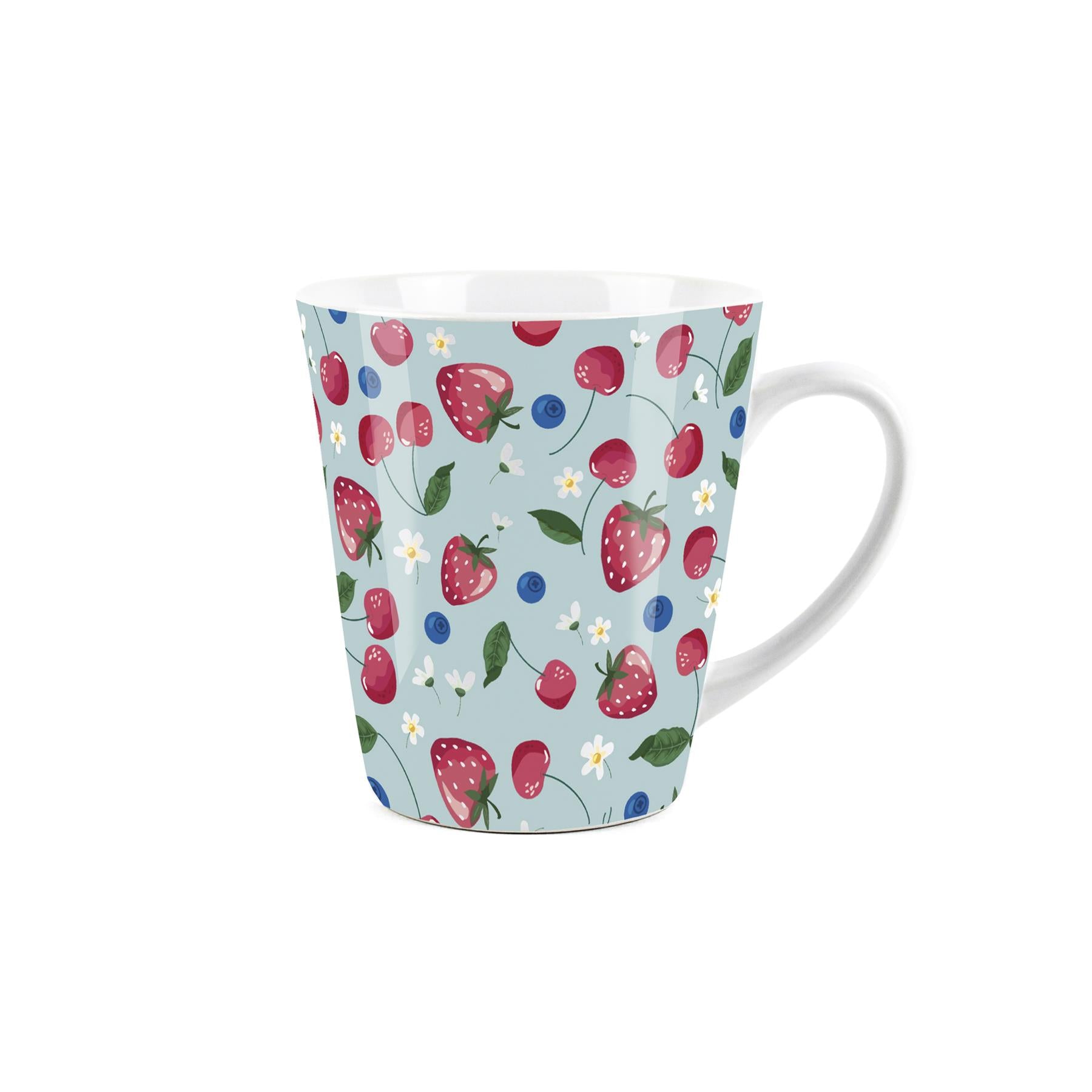 Small white latte mug with stawberries & blueberries design 