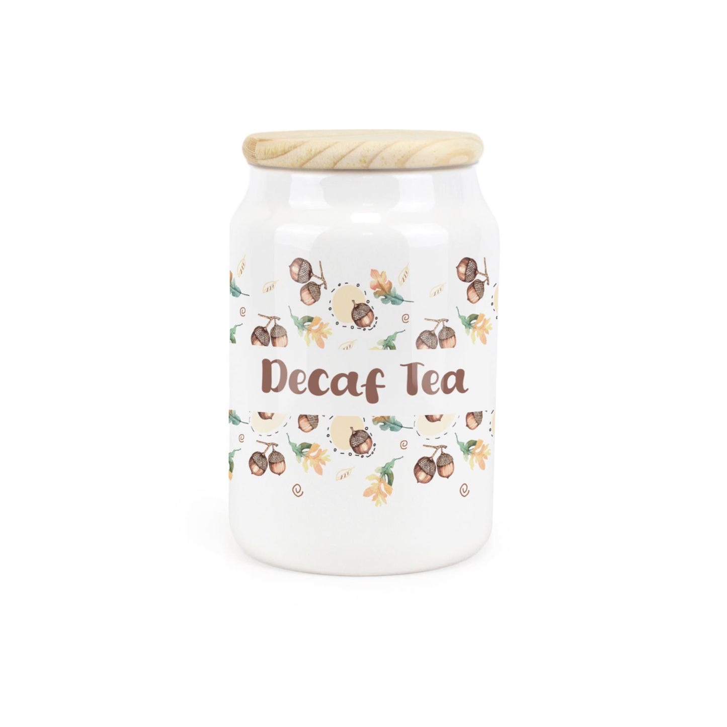 White ceramic canister with a retro 1950s print featuring a decaf tea design.