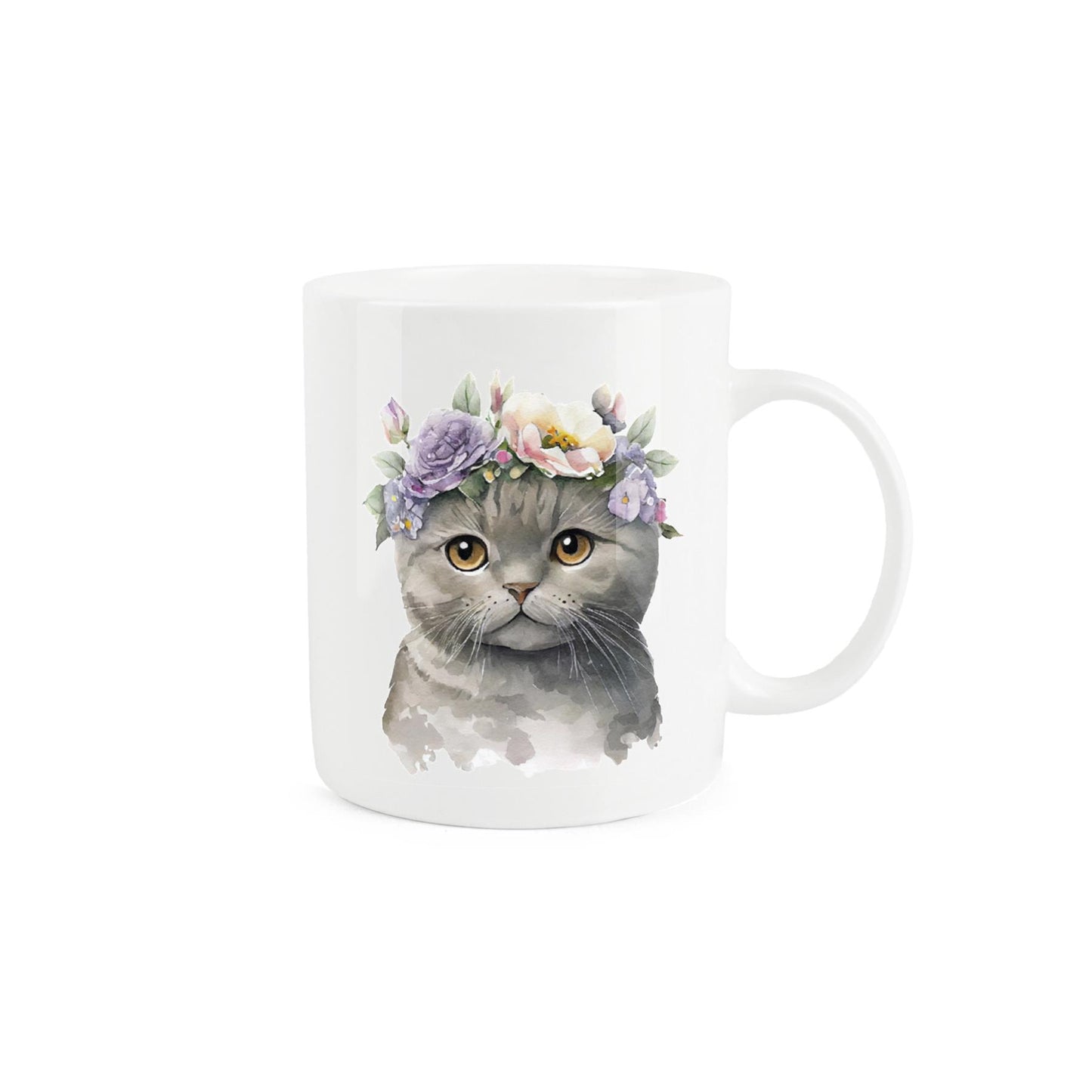 White bone china mug featuring adorable BSH cat design with a crown of flowers. 